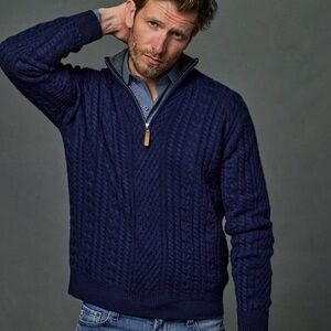 Lorenzo Uomo Aalborg Cable Quarter Zip Cashmere Blend Sweater Navy Medium